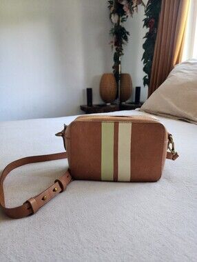 Madewell Brown Leather Crossbody with Cream and Light Green Stripes